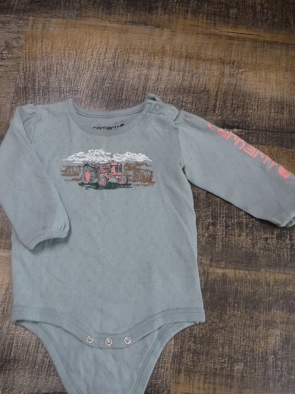 Carhartt Gray Long-Sleeve Baby Onesie with Pink Tractor Accent
